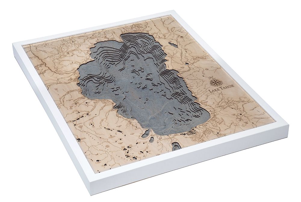 Lake Tahoe, California 3D wood map, white frame