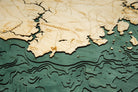 Kennebunkport, Maine 3D layered wood map in laser-cut Baltic birch, shown framed against a light wall