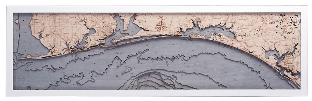 Western Panhandle, Florida 3D layered wood map in laser-cut Baltic birch, shown framed against a light wall