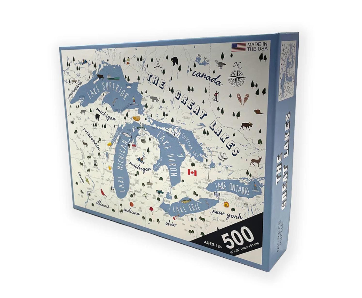 Great Lakes 3D layered wood map in laser-cut Baltic birch, shown framed against a light wall