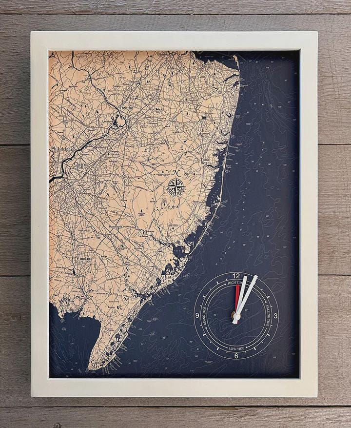 New Jersey Coast Tide Clock – Nautical Laser-Cut Wood Map Wall Art in Rustic Grey or White Frame – 16x20 Birch Coastal Decor