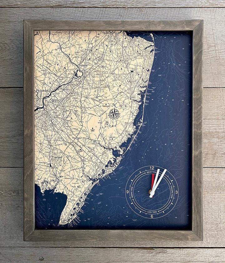 New Jersey Coast Tide Clock – Nautical Laser-Cut Wood Map Wall Art in Rustic Grey or White Frame – 16x20 Birch Coastal Decor