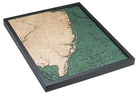 New Jersey Coast 3D layered wood map in laser-cut Baltic birch, shown framed against a light wall