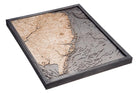 New Jersey Coast 3D layered wood map in laser-cut Baltic birch, shown framed against a light wall