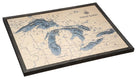 Great Lakes 3D layered wood map in laser-cut Baltic birch, shown framed against a light wall