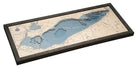 Lake Erie 3D layered wood map in laser-cut Baltic birch, shown framed against a light wall