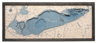 Lake Erie 3D layered wood map in laser-cut Baltic birch, shown framed against a light wall