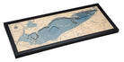 Lake Erie 3D layered wood map in laser-cut Baltic birch, shown framed against a light wall
