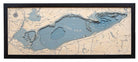 Lake Erie 3D layered wood map in laser-cut Baltic birch, shown framed against a light wall