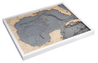 Gulf Of America 3D layered wood map in laser-cut Baltic birch, shown framed against a light wall
