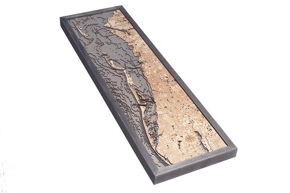 Anclote Key to Indian Shores, Florida 3D layered wood map in laser-cut Baltic birch, shown framed against a light wall
