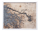 Crystal River, Florida 3D layered wood map in laser-cut Baltic birch, shown framed against a light wall