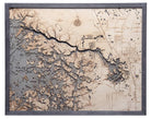 Crystal River, Florida 3D layered wood map in laser-cut Baltic birch, shown framed against a light wall
