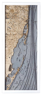 Key Largo to Fort Lauderdale, Florida 3D layered wood map in laser-cut Baltic birch, shown framed against a light wall