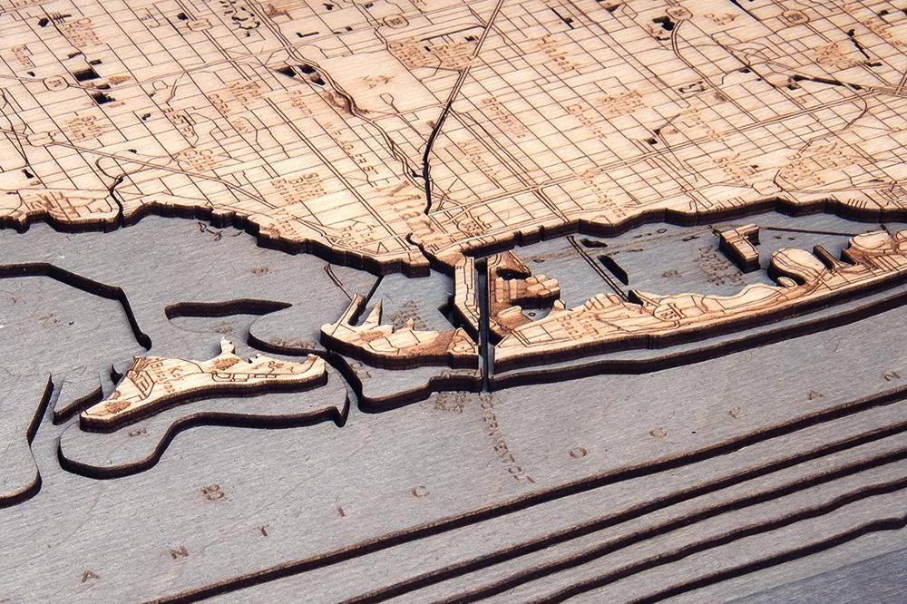 Key Largo to Fort Lauderdale, Florida 3D layered wood map in laser-cut Baltic birch, shown framed against a light wall