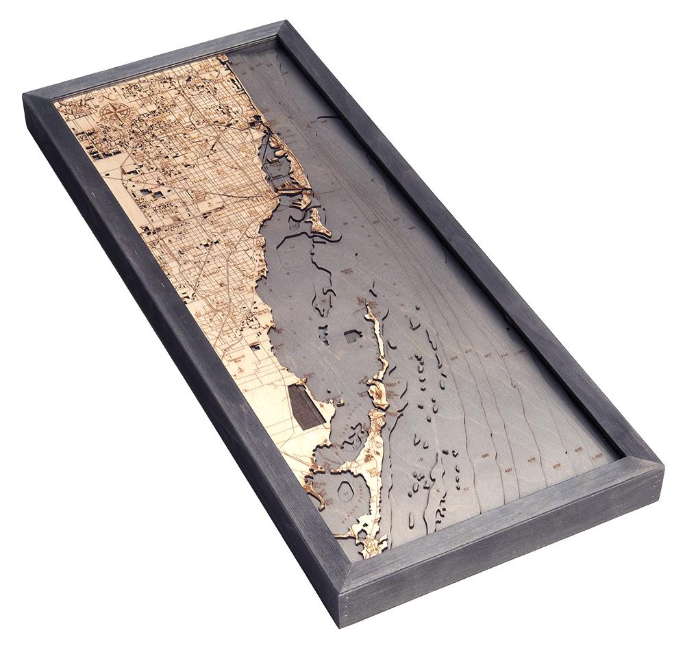 Key Largo to Fort Lauderdale, Florida 3D layered wood map in laser-cut Baltic birch, shown framed against a light wall
