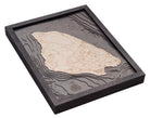 Mackinac Island, Michigan 3D layered wood map in laser-cut Baltic birch, shown framed against a light wall