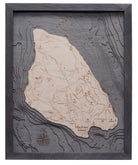 Mackinac Island, Michigan 3D layered wood map in laser-cut Baltic birch, shown framed against a light wall