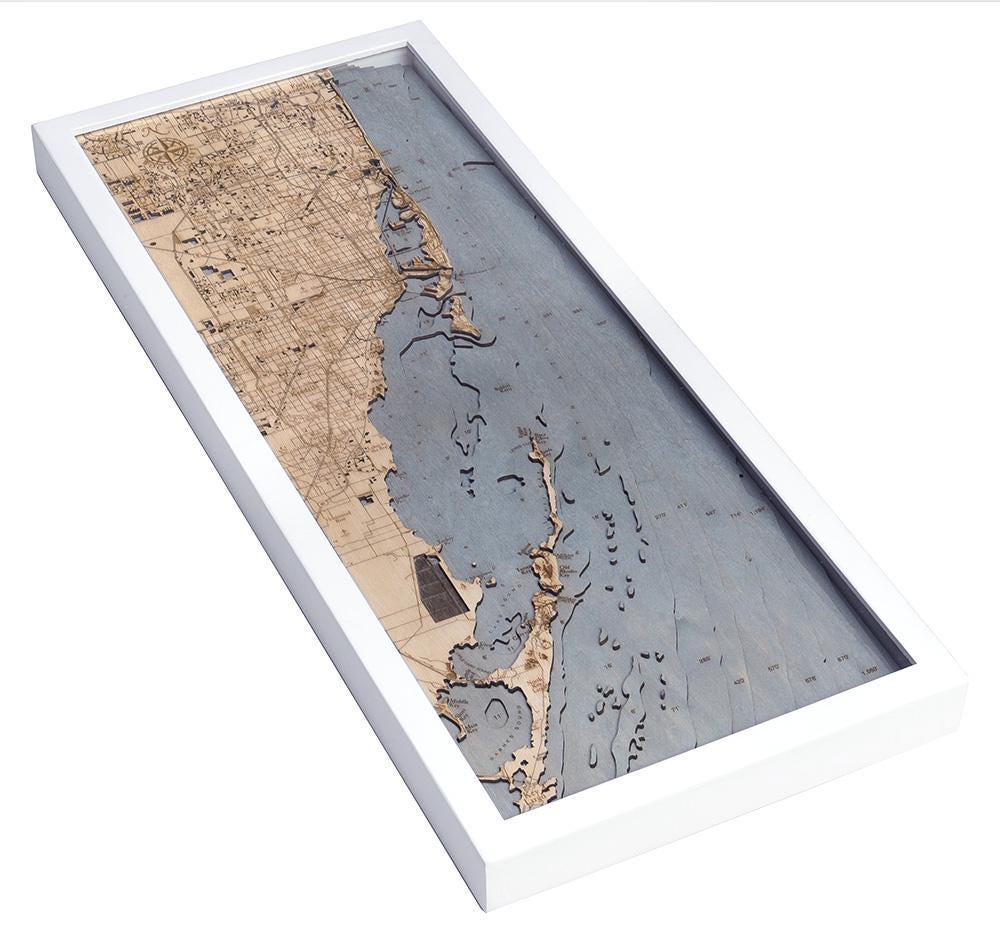 Key Largo to Fort Lauderdale, Florida 3D layered wood map in laser-cut Baltic birch, shown framed against a light wall