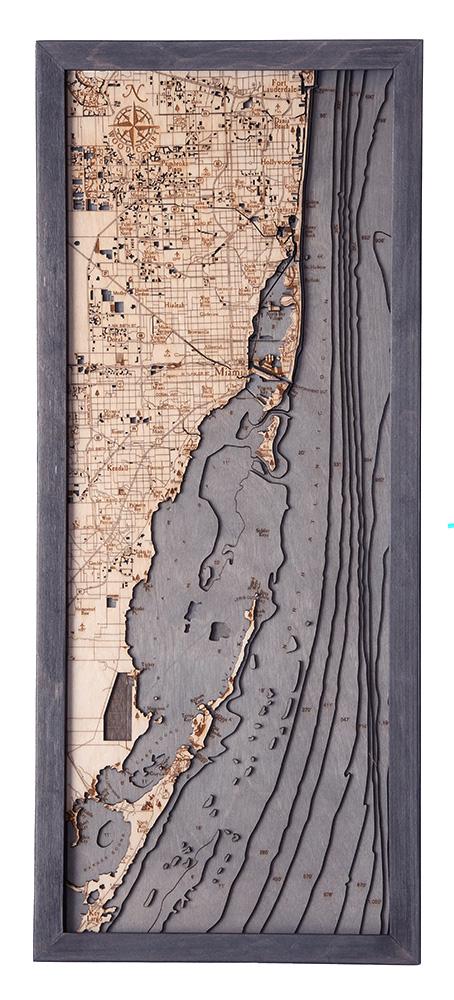 Key Largo to Fort Lauderdale, Florida 3D layered wood map in laser-cut Baltic birch, shown framed against a light wall