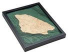 Mackinac Island, Michigan 3D layered wood map in laser-cut Baltic birch, shown framed against a light wall