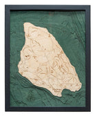 Mackinac Island, Michigan 3D layered wood map in laser-cut Baltic birch, shown framed against a light wall