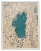 Lake Tahoe, California 3D layered wood map in laser-cut Baltic birch, shown framed against a light wall