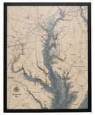 Chesapeake Bay, Maryland 3D layered wood map in laser-cut Baltic birch, shown framed against a light wall
