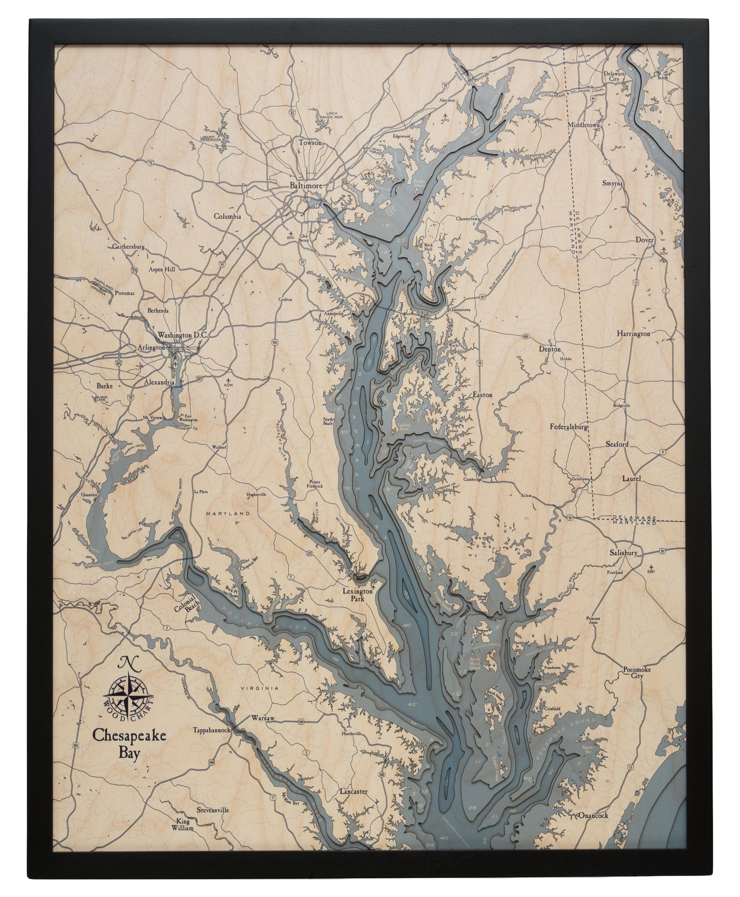 Chesapeake Bay, Maryland 3D layered wood map in laser-cut Baltic birch, shown framed against a light wall