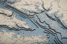 Chesapeake Bay, Maryland 3D layered wood map in laser-cut Baltic birch, shown framed against a light wall