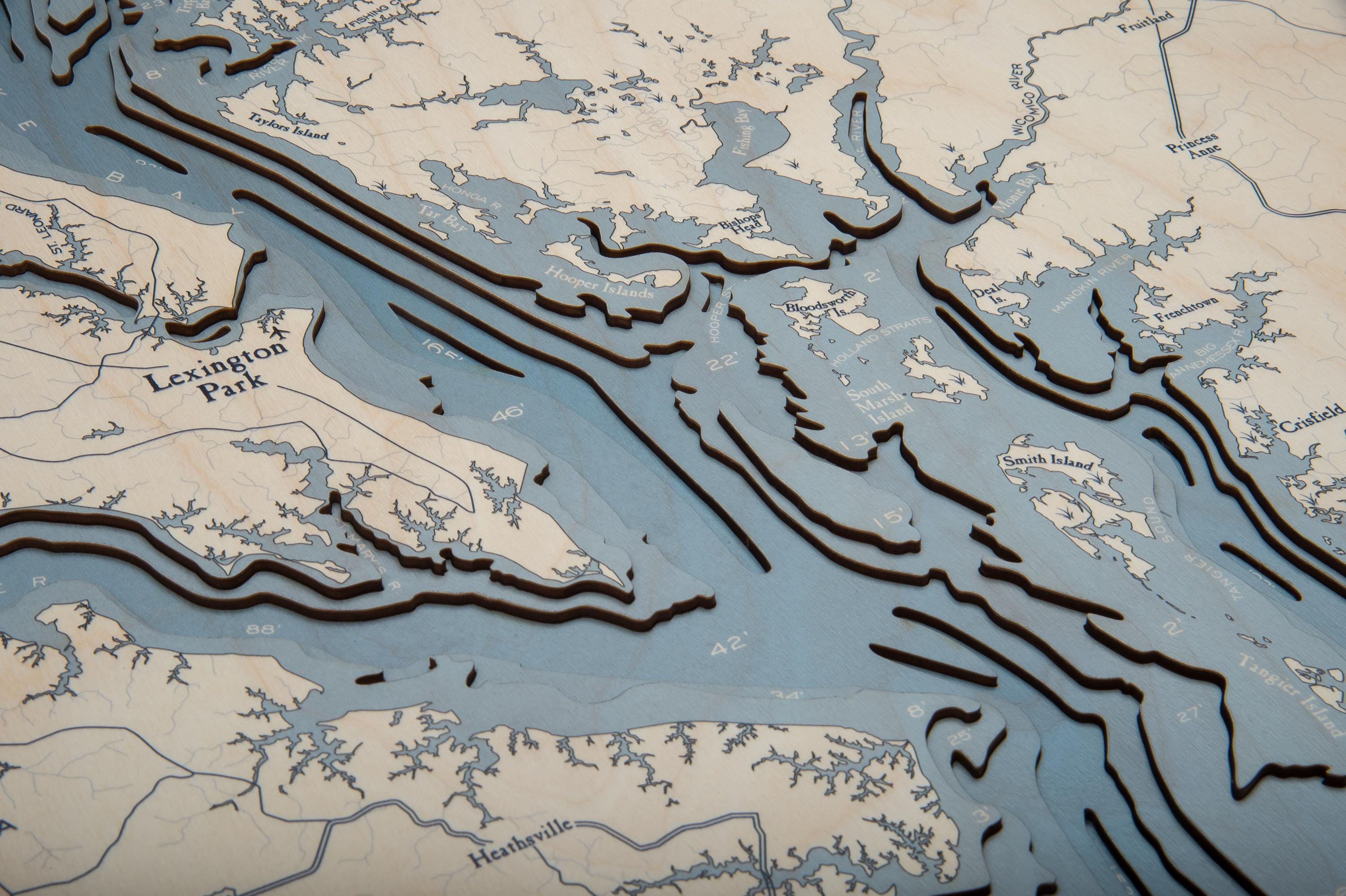 Chesapeake Bay, Maryland 3D layered wood map in laser-cut Baltic birch, shown framed against a light wall