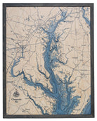 Chesapeake Bay, Maryland 3D layered wood map in laser-cut Baltic birch, shown framed against a light wall