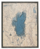Lake Tahoe, California 3D layered wood map in laser-cut Baltic birch, shown framed against a light wall
