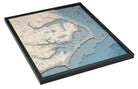 Outer Banks, North Carolina 3D layered wood map in laser-cut Baltic birch, shown framed against a light wall