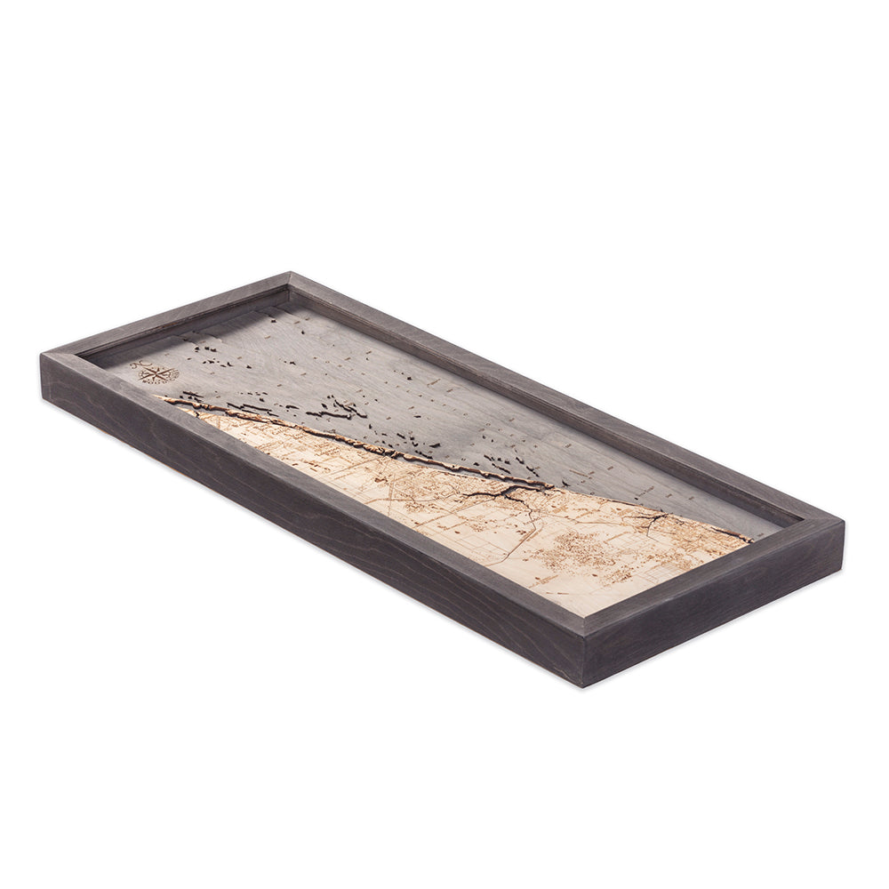 Treasure Coast, Florida 3D layered wood map in laser-cut Baltic birch, shown framed against a light wall