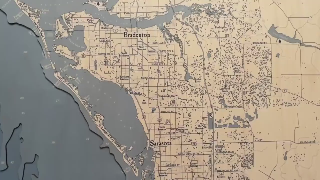 Sarasota to Venice FL 3D Wood Map | Longboat Key Siesta Key Nautical Chart | Laser-Cut Birch Coastal Art | Florida Beach Decor