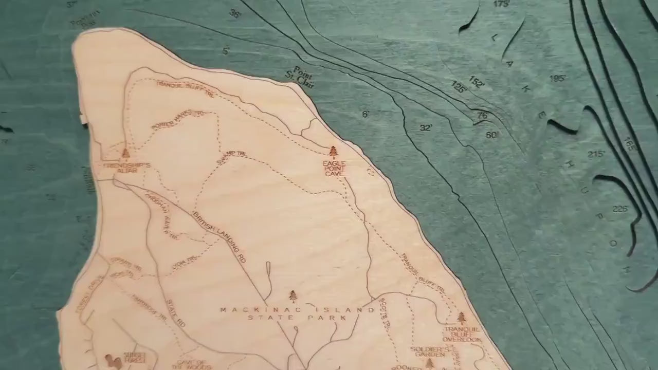 Mackinac Island, Michigan Wood Carved Topographic Depth Chart / Map