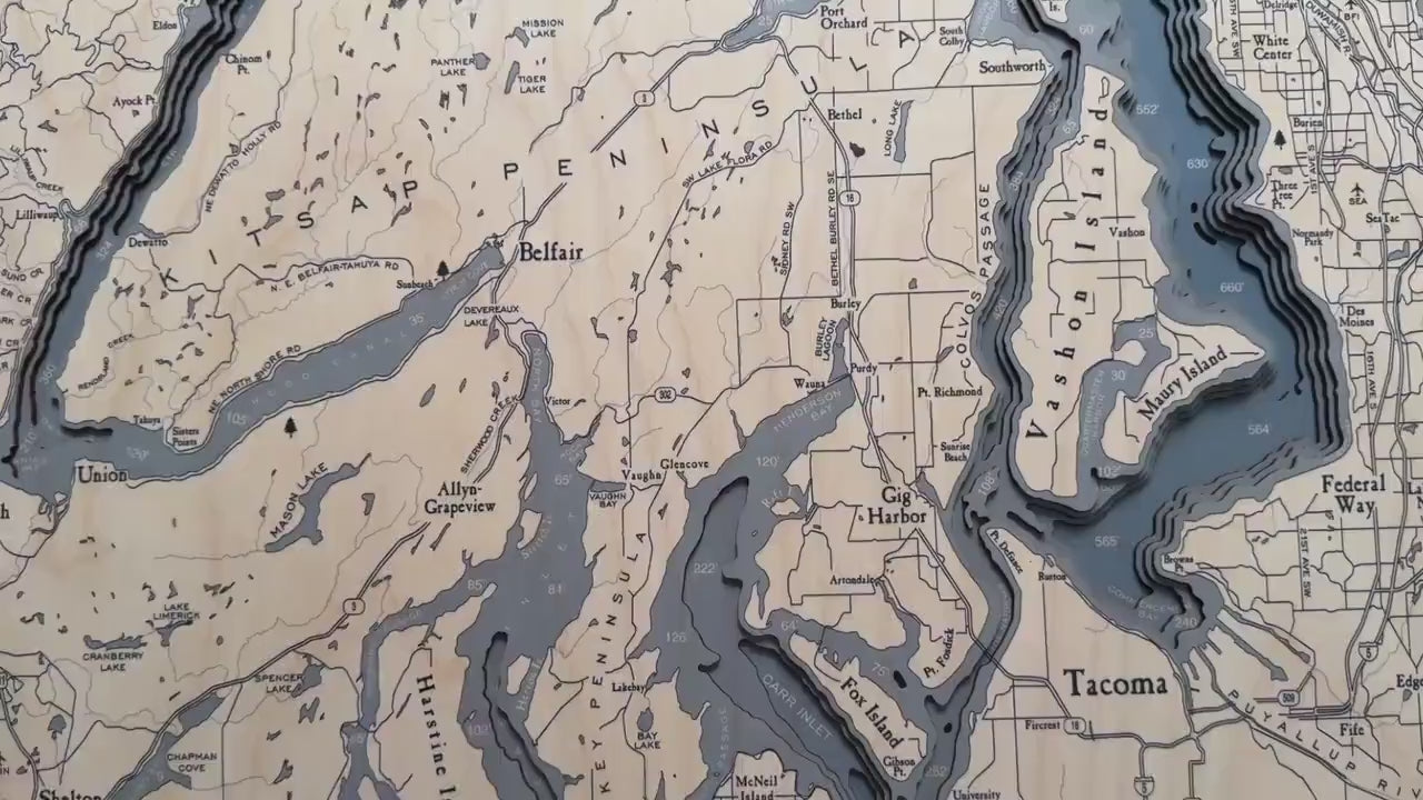 Puget Sound 3D Wood Map | Seattle Nautical Chart | Laser-Cut Birch Bathymetric Art | Washington Coastal Decor | Ready to Hang