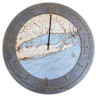 Long Island Sound wood tide clock in laser-cut Baltic birch, shown framed against a light wall