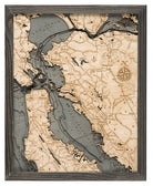 San Francisco, California 3D layered wood map in laser-cut Baltic birch, shown framed against a light wall