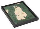 Beaver Island, Michigan 3D layered wood map in laser-cut Baltic birch, shown framed against a light wall