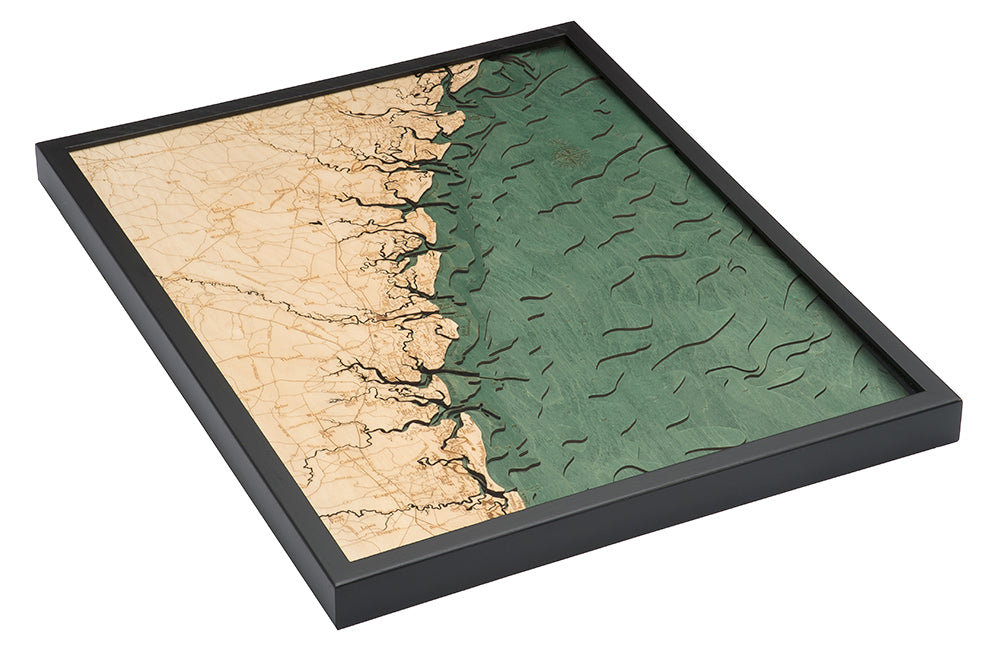 Georgia Coast 3D layered wood map in laser-cut Baltic birch, shown framed against a light wall