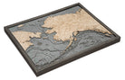 Alaska 3D layered wood map in laser-cut Baltic birch, shown framed against a light wall