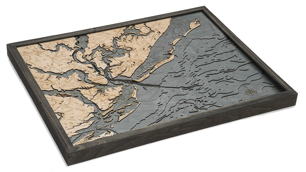 Charleston, South Carolina 3D layered wood map in laser-cut Baltic birch, shown framed against a light wall