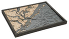 Charleston, South Carolina 3D layered wood map in laser-cut Baltic birch, shown framed against a light wall
