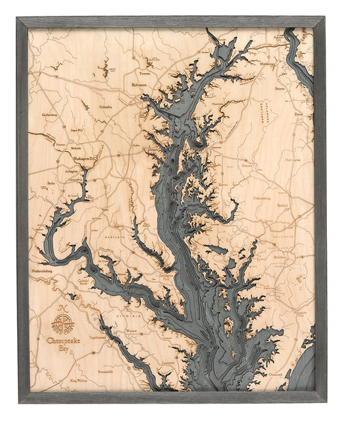 Chesapeake Bay, Maryland 3D layered wood map in laser-cut Baltic birch, shown framed against a light wall