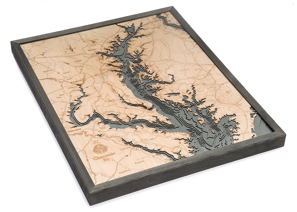 Chesapeake Bay, Maryland 3D layered wood map in laser-cut Baltic birch, shown framed against a light wall