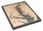 Chesapeake Bay, Maryland 3D layered wood map in laser-cut Baltic birch, shown framed against a light wall