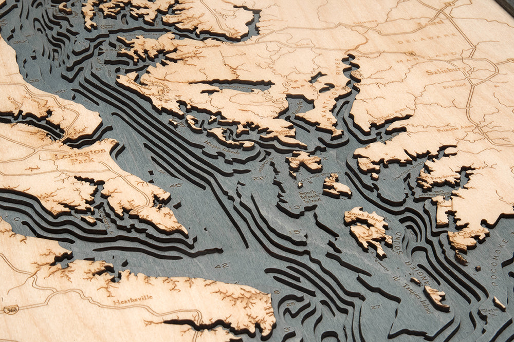 Chesapeake Bay, Maryland 3D layered wood map in laser-cut Baltic birch, shown framed against a light wall