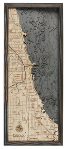 Chicago, Illinois 3D layered wood map in laser-cut Baltic birch, shown framed against a light wall
